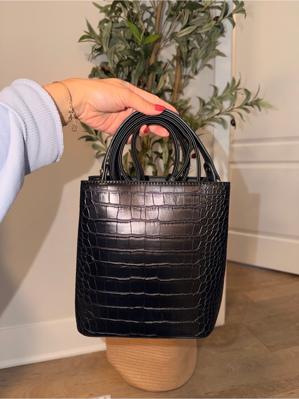 Black Croc-Embossed Mini Tote Bag